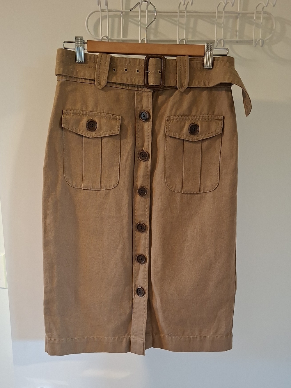GAP Tan/Khaki Linen-blend Military/Cargo Belted Button-Front Pencil Skirt (US 2)